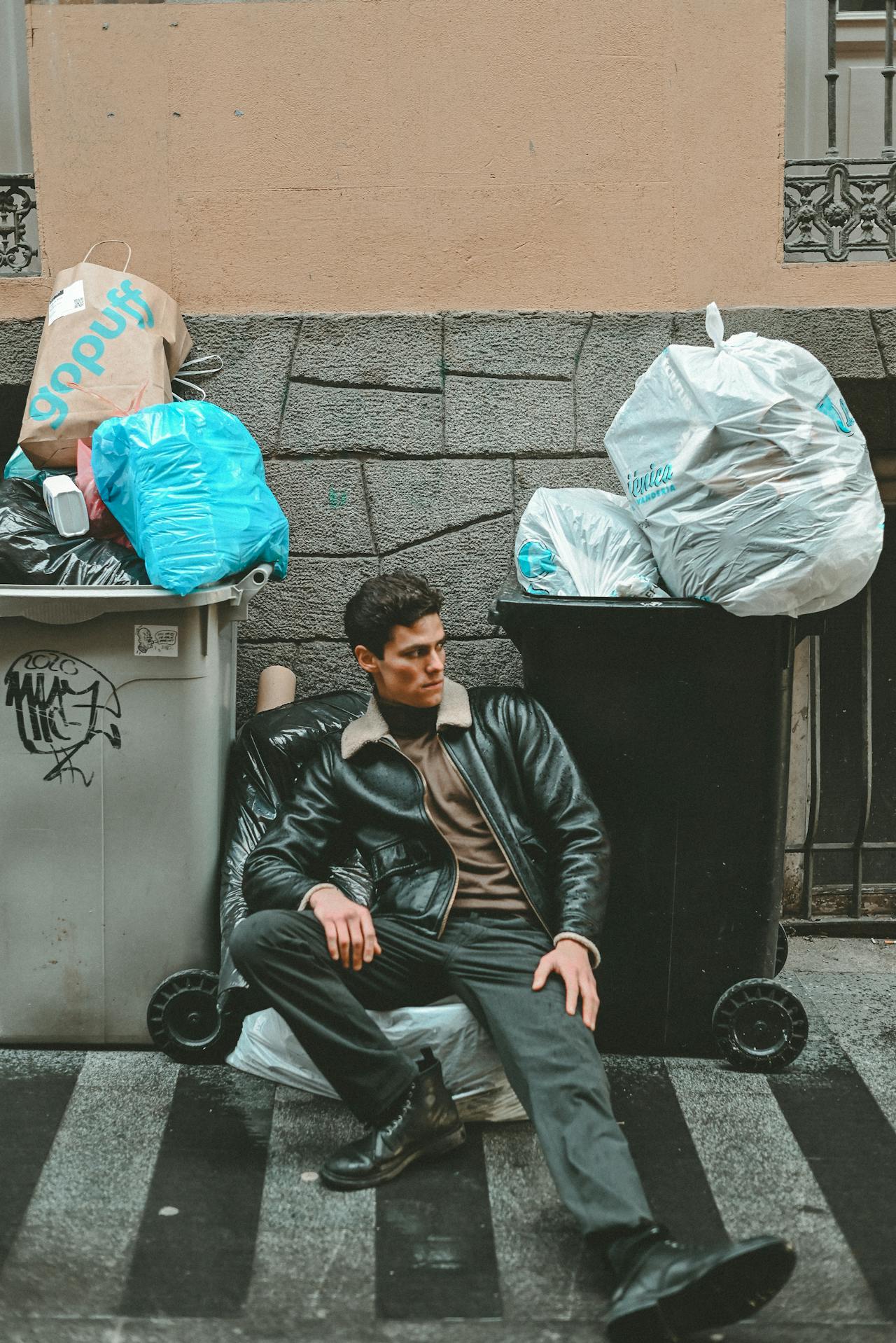 man is outside, surrounded by trash bags and trashcans, while dressed in black pants, black leather jacket, and a brown shirt, and black leather boots.